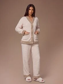 Lazeform Women's Plush Contrast Color V-Neck Open Front Long Sleeve Pants Loungewear Set - Multicolor - View 5
