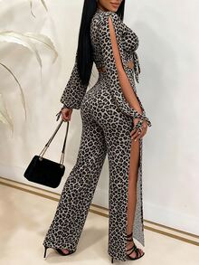 INAWLY Women's Leopard Print Deep V-Neck Front Tie Slit Long Sleeve Cropped Top And Slit Long Pants Sexy Two Pieces Set - Brown - View 2