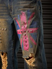 ROMWE MEN Street Life Men's Casual Everyday Jeans With Pocket, Stud Decor And Distressed Design - Blue - View 2
