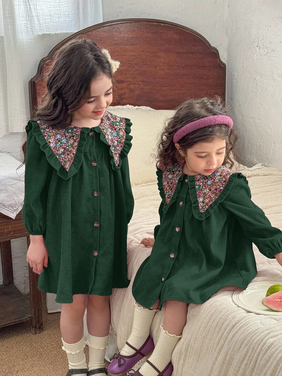 LMoss Kids 女童小女孩編織純色拼接花卉彼得潘領休閒洋裝 - 綠色 - 查看 1