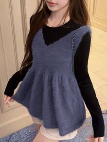 FRIFUL Women's Autumn Colorblock Layered Sweater 2 Pieces Set - Black - View 4