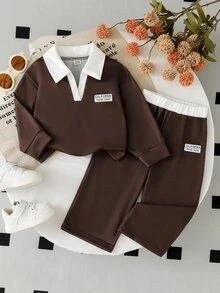Baby Girl Casual Preppy 2 Pieces Set, Autumn Minimalist Brown Long Sleeve Polo Collar Top & Wide Leg - Brown - View 5