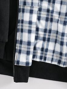 SHEIN 青少年男孩休閒格紋素色雙面可穿連帽秋季夾克，正反兩面皆可穿 - 黑色 - 查看 7