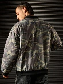 ROMWE MEN Street Life Jaket Musim Dingin Pria Model Baseball Kerah Kamuflase dengan Resleting - Hijau - View 4