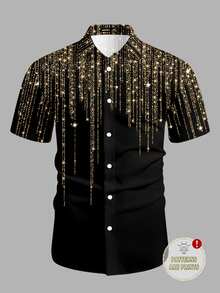DSELFIQUE Men's Plus Size Fashion Sequin Pattern Print Button-Down Shirt - Black - View 1