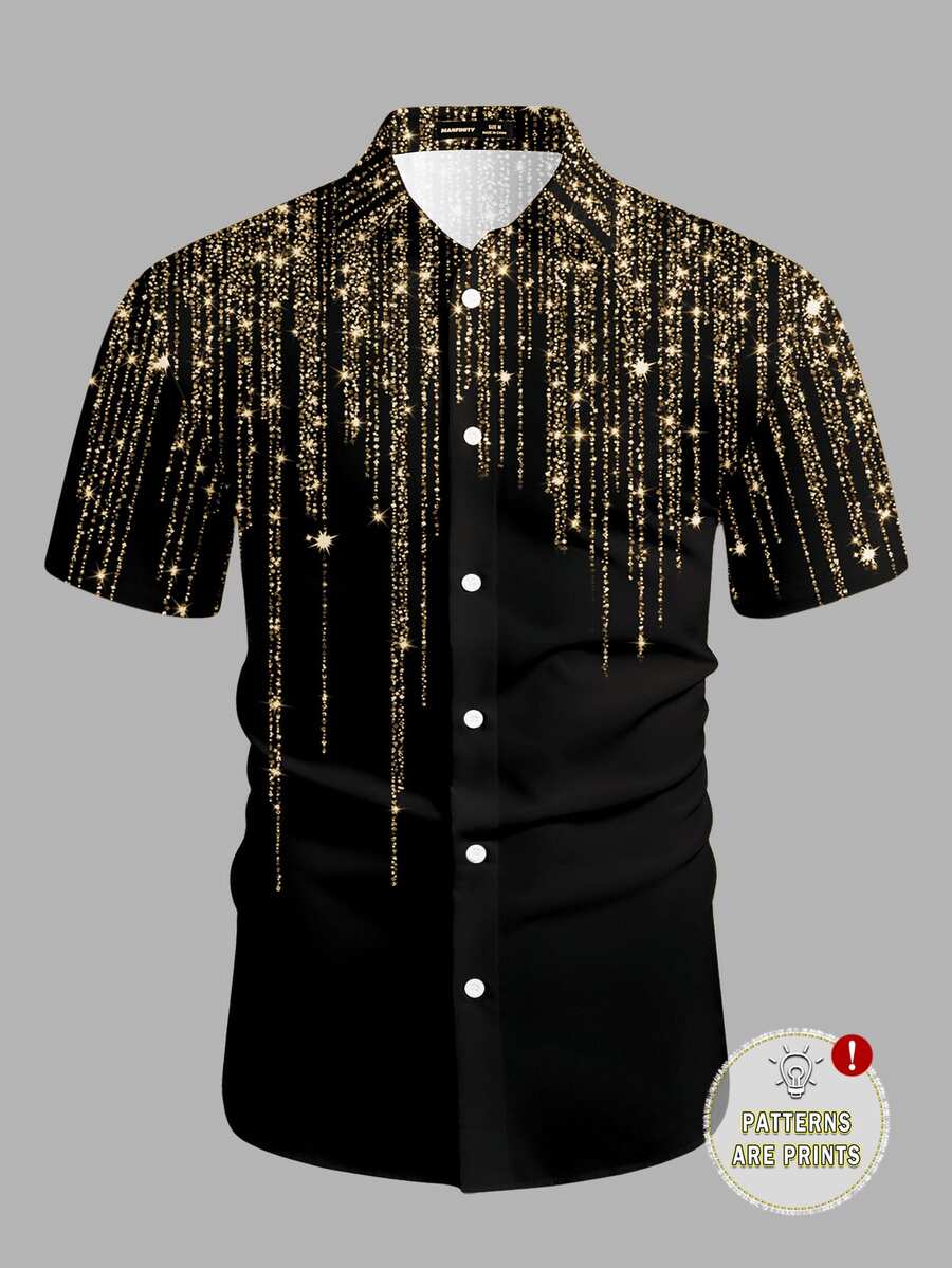 DSELFIQUE Men's Plus Size Fashion Sequin Pattern Print Button-Down Shirt - Black - View 1