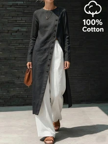 SHEIN Blus Wanita Lengan Panjang dengan Kerah Bulat dan Belahan Depan serta Kancing - Hitam - View 3