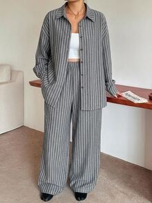 Dazy Plus Fun Commuter Office Casual Striped Loose Fit Spring/Autumn New 2 Pieces Set - Grey - View 3