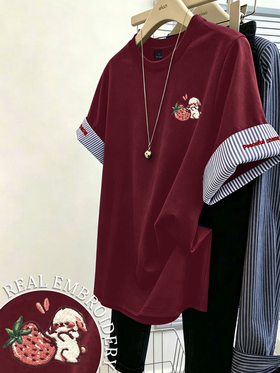 Resyla 大尺碼女款拼接條紋袖口短袖圓領休閒上衣 - 酒紅色 - 查看 1