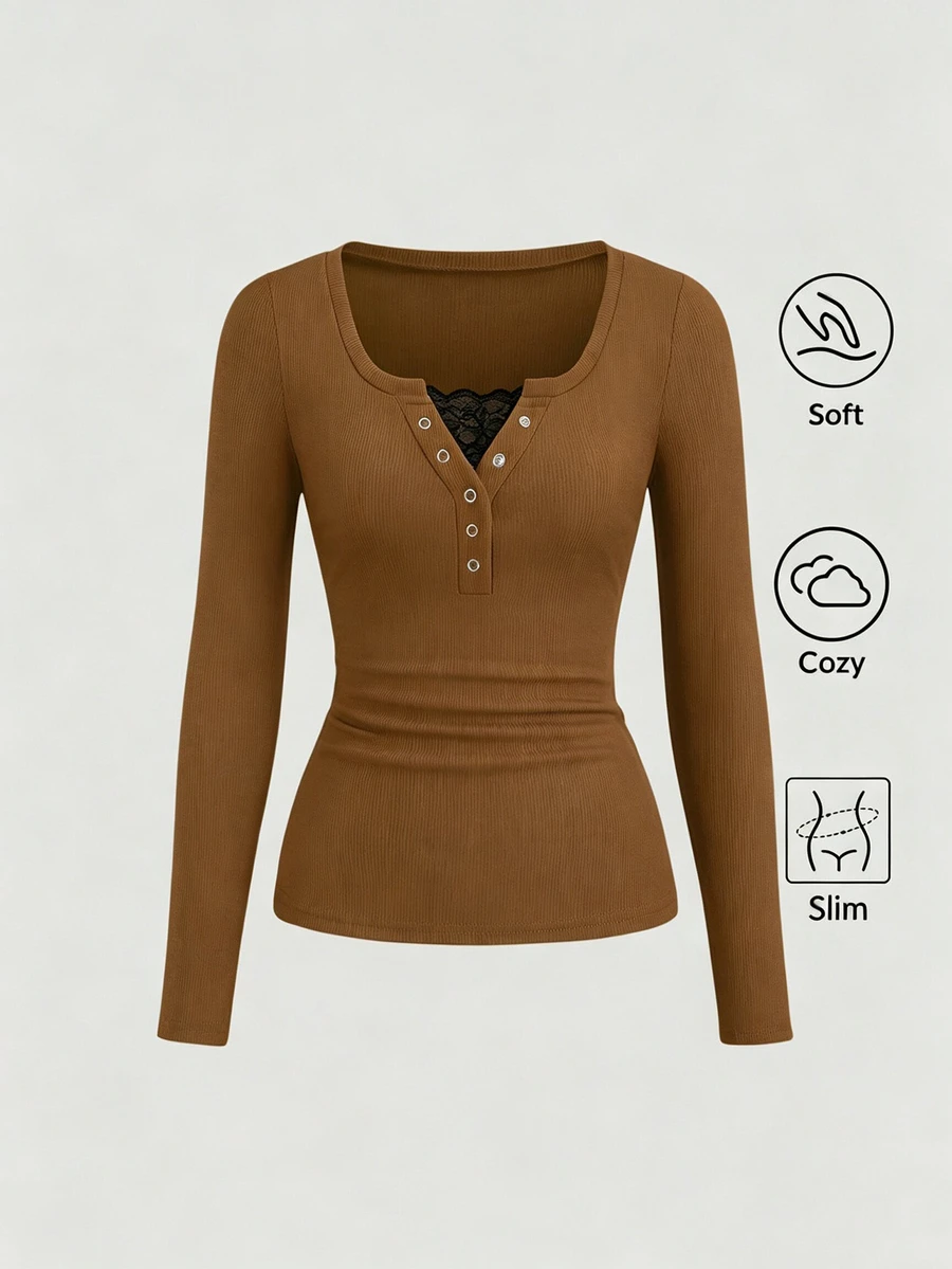 Sweetra Women's Autumn Half-Open Cuff Eyelet Decor Lace 2 In 1 Long Sleeve Solid Color T-Shirt - Chocolate Brown - View 1