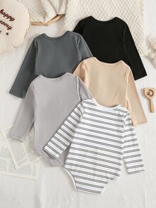 SHEIN Playful Pals 5件組 幼兒男嬰連身衣 經典甜美風 黑灰色與褐色條紋 羅紋扣扣長袖圓領 常規款 假日秋季聖誕萬聖節多件組 - 彩色 - 查看 2