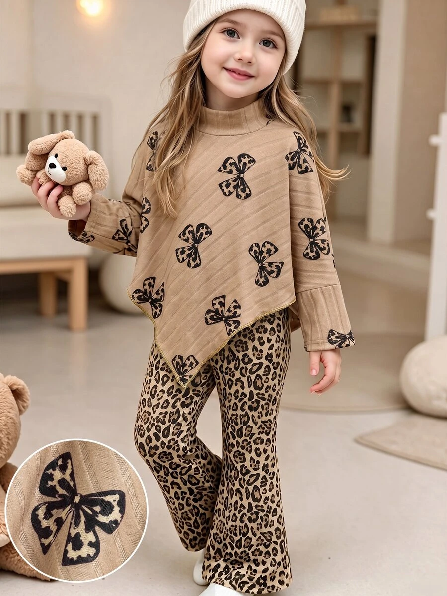 SHEIN Young Girls Khaki Leopard Print Bow Asymmetrical Top And Leopard Print Flare Pants 2 Pieces Set, Autumn Fashion - Brown - View 1