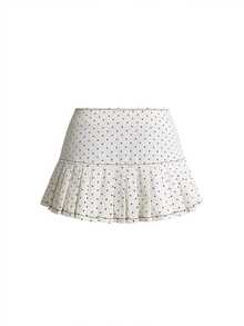 ROMWE Kawaii Y2K Low Waist Polka Dot Romantic Apricot Pleated Denim Skirt - Apricot - View 2