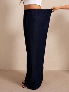 Elaquor Plus Size Women's V-Neck Top And Long Pants Casual Everyday Denim Two Pieces Set - Dark Wash - View 7