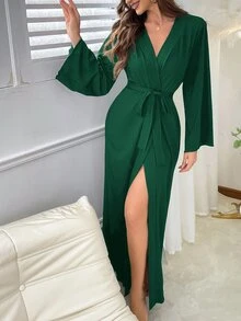 SHEIN 標準尺寸純色女款居家休閒晨袍 - 軍綠色 - 查看 4