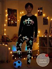 SHEIN 2件組青少年男孩風格新款長袖T恤與長褲套裝，修身版型睡衣家居服，舒適時尚簡約實用百搭，柔軟面料，適合日常穿著、居家穿著、內搭，適用於秋冬 - 彩色 - 查看 5