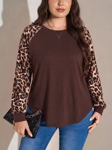 SHEIN LUNE Sleeve Patchwork Leopard Print Pattern Knitted T-Shirt Suitable For Dating, Vacation, Party, Daily Outing, Gathering, Outdoor Activities - Coffee Brown - View 6