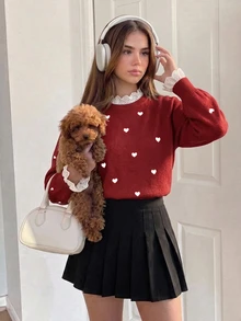SHEIN 兒童青少年女孩休閒套頭衫 秋季毛衣 優雅刺繡飾邊愛心寬鬆袖套頭毛衣 柔軟舒適加厚內裡 - 紅色 - 查看 1