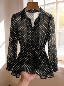SHEIN Clasi 女款優雅波點印花長袖彼得潘領襯衫 - 黑與白 - 查看 3