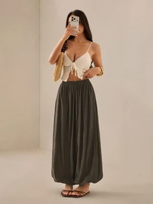 SHEIN PETITE 2026年女款春夏度假系列：優雅橄欖綠寬鬆喇叭褲 - 咖啡棕 - 查看 8