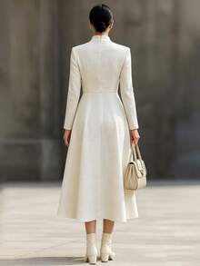 SHEIN Raffinéa Autumn/Winter Elegant Solid Color Textured Metal Button Decor Small Stand Collar Long Sleeve A-Line Long Dress For Women, Commute And Holiday Wear - White - View 3