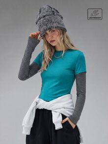 COUREZ 雙層長袖運動上衣 / Y2K風格長袖上衣 / 戶外上衣 / 女款上衣 / 冬季女裝 / 女款性感可愛上衣 - 水鴨藍 - 查看 3