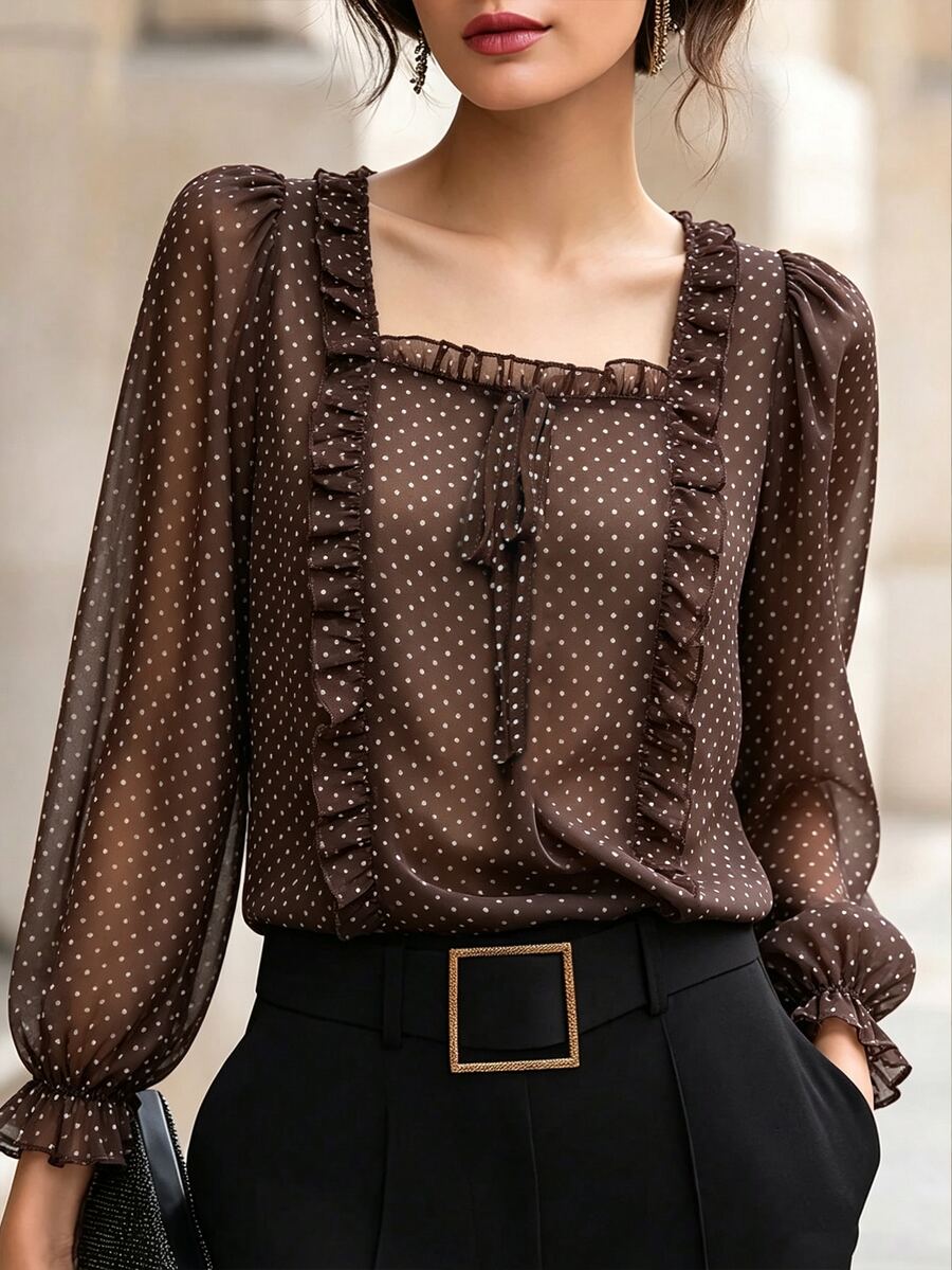 SHEIN Sheer Polka Dot Chiffon Print Square Neck Ruffle Long Sleeve French Elegant Autumn Women's Blouse - Coffee Brown - View 1