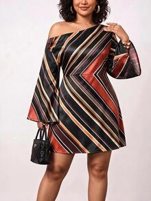 Truni Plus-Size Women's Asymmetrical Neckline Dress With Stylish Diagonal StripesPear Body,Triangle Body - Multicolor - View 3