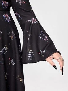 ROMWE Goth 大尺碼女款哥德風漸層花卉印花不對稱下擺喇叭袖洋裝 - 黑色 - 查看 5