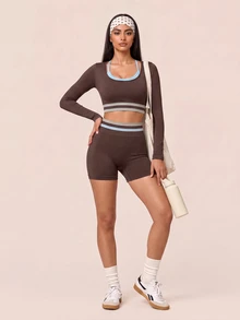 SHEIN BAE Women's Contrast Trim Long Sleeve Cropped Top & Shorts Fashion Sports Set - Coffee Brown - View 7