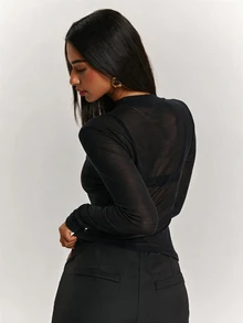 SHEIN BAE تي شيرت نسائي بلون موحد كاجوال يومي بأكمام طويلة - الأسود - مشاهدة 2