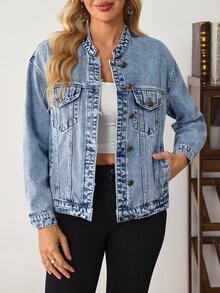 SHEIN Women's Long Sleeve Single-Breasted Casual Pocket Denim Jacket - Blue - View 2