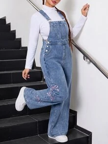 SHEIN Quần yếm denim xanh dáng rộng cho bé gái tuổi teen, thêu họa tiết nơ phong cách cowgirl, đồ mùa đông - Màu xanh lam - Xem 4