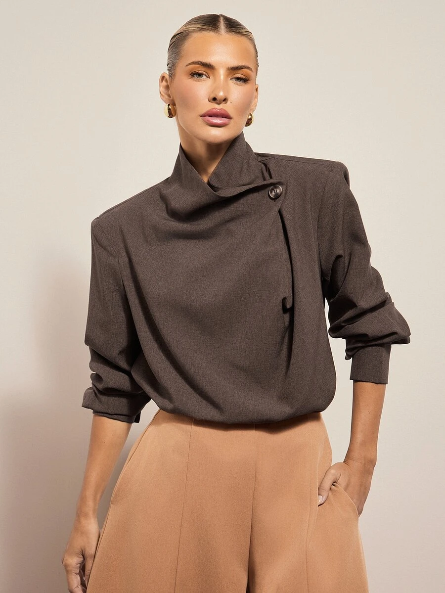 Hauture Vintage Brown Asymmetric Stand Collar Pleated Long Sleeve Blouse, Elegant Commute Loose Textured Top - Brown - View 1