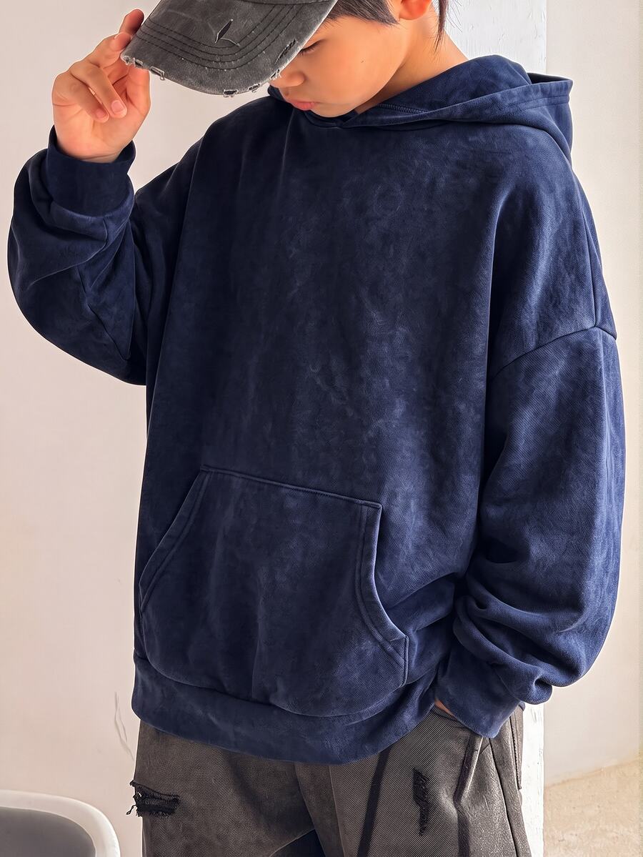 SHEIN 青少年男孩休閒韓系寬鬆版型雪洗布料圓領衛衣,適合通勤、上學、日常休閒穿著、運動,秋冬款 - 藏蓝色 - 查看 1