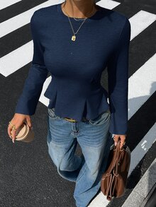 Siren Gaze Women's Solid Color Casual Daily Long Sleeve T-Shirt - Navy Blue - View 4