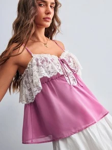 Willow Rêve Atasan Camisole Wanita Berwarna Pink dengan Motif Renda dan Patchwork - Berwarna merah muda - View 4