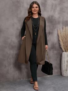 EMERY ROSE Plus Size Coffee Brown Belted Button Pocket Notched Lapel Sleeveless Jacket Casual Outerwear Fall Winter 2026 - Coffee Brown - View 3