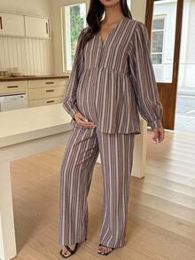 Dazy Maternity 時尚條紋鬆身長袖上衣與休閒長褲 2 件套日常穿著孕婦裝 - 棕色 - 查看 7