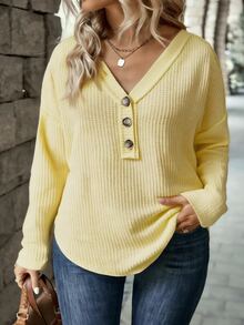 SHEIN LUNE New Fashion Casual V-Neck Button Long Sleeve Color T-Shirt For Women Fall - Light Yellow - View 5