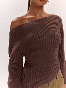 SHEIN BAE Autumn/Winter New Women's Fashion Versatile Elegant Chic Solid Color Knitted Fitted Ruched Casual Sweater - Brown - View 8