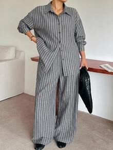 Dazy Plus Fun Commuter Office Casual Striped Loose Fit Spring/Autumn New 2 Pieces Set - Grey - View 5