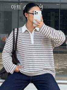 Dazy Plus 拼色拼接 Polo 領寬鬆條紋博主風休閒優雅款春夏新款 T 恤 度假正式灰色 - 酒紅色 - 查看 4
