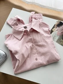 DAZY Tween Girl Solid Color Collared Casual Loose Fit Shirt - Pink - View 4