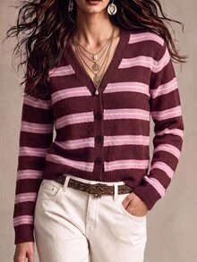 SHEIN كارديجان محبوك بياقة على شكل حرف V وألوان متباينة جديد للخريف/الشتاء - متعدد الألوان - مشاهدة 1