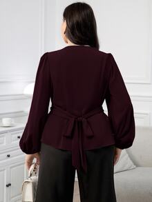Modelyn Plus Size Women's Solid Color Overlap V-Neck Long Sleeve Ruched Asymmetrical Hem Blouse - Burgundy - View 2