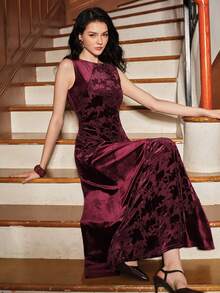 Anewsta Women's Mid-Length Patchwork Velvet Dress, Elegant Holiday Wear, Christmas Dress - Dark Red - View 5