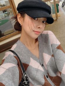 DAZY 女款鑽石格紋針織長袖單排扣休閒開襟衫 - 灰色 - 查看 6