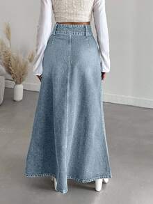 SHEIN PETITE Petite High Waist Casual Style Light Blue Wash Regular Fit Double Button Long Denim Skirt - Light Wash - View 3