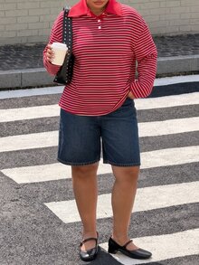 Muchica 大尺碼復古紅白條紋女款長袖 Polo 領 T 恤，休閒運動學院風 - 紅色 - 查看 5